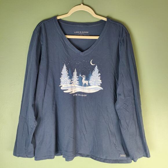 Life Is Good Womens Blue V-Neck Winter Night Scene Deer LS Crusher Tee Size XXL - Picture 1 of 6